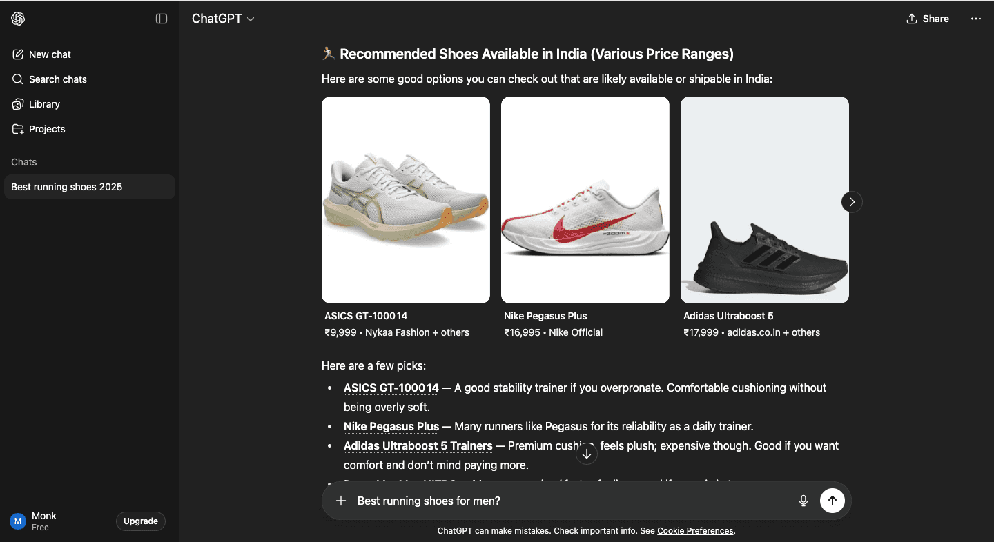 ChatGPT showing brand recommendations for running shoes